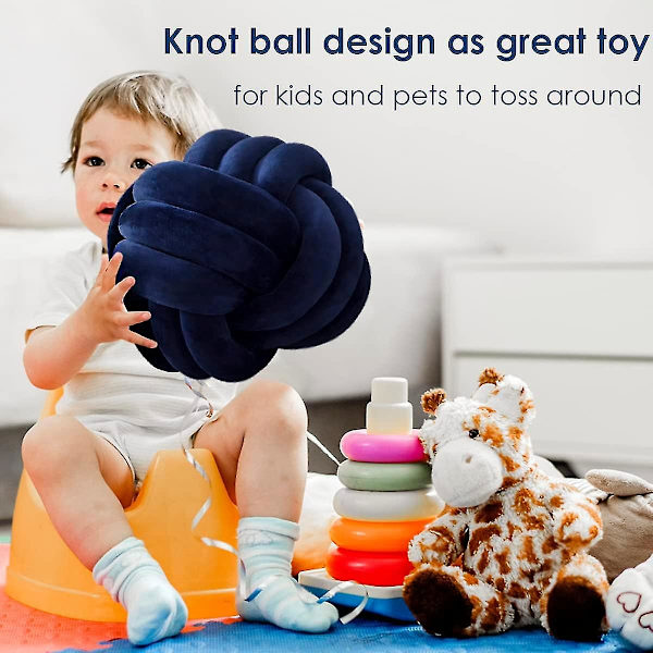 Knutbollskastkudde, vit rund knuten plyschkudde Accentkudde for preppy, estetiska & söta prydnadskuddar for soffa, seng, stue, F Navy Small