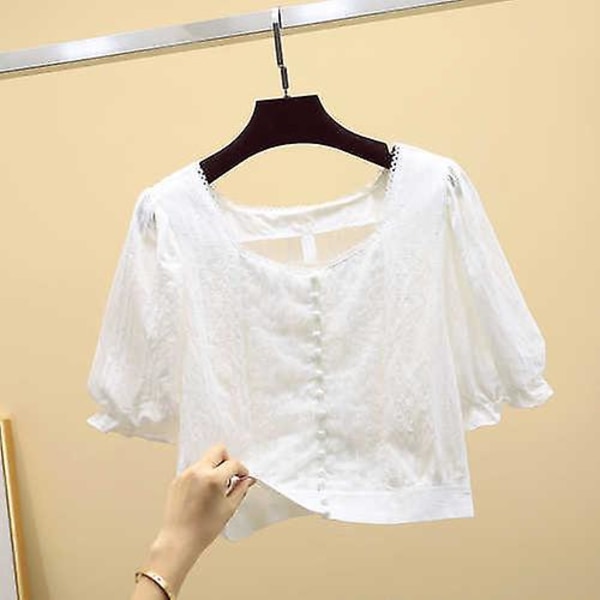 Koreansk chiffonbluse med solid firkantet krave top dame lanterneærmet superkort dameskjorte kortærmet top White XL