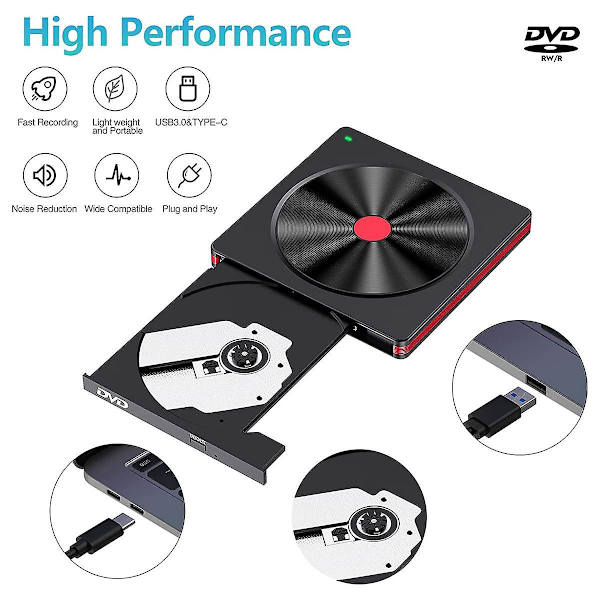 Extern CD/DVD-enhet, USB 3.0 DVD/CD-läsare/skrivare/brännare för bärbar dator, stationär dator, Windows 11/10/8 Black