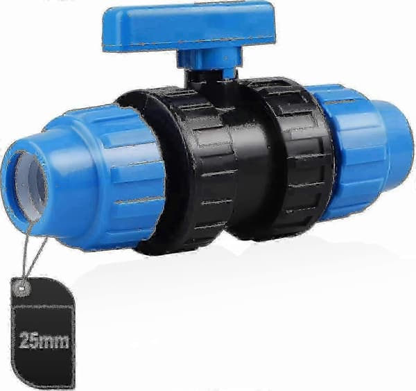 25mm PE-rørklemme for vannrør, plastkuleventil, blå