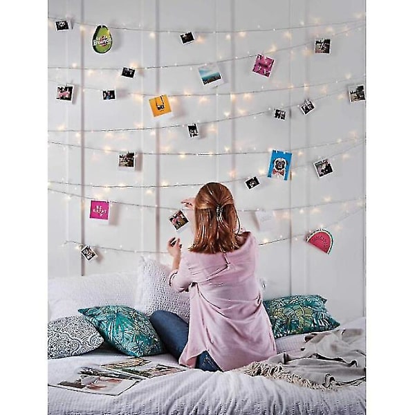10m 100 Led Fairy Lights med 50 bitar clips för foton, varmvitt