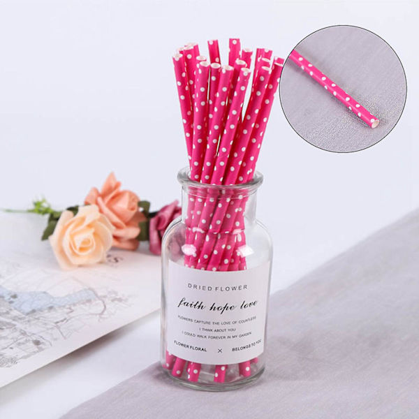 Biologiskt nedbrytbara papperssugrör, 100 sugrör för festtillbehör, födelsedag, bröllop Rose Red White Dots