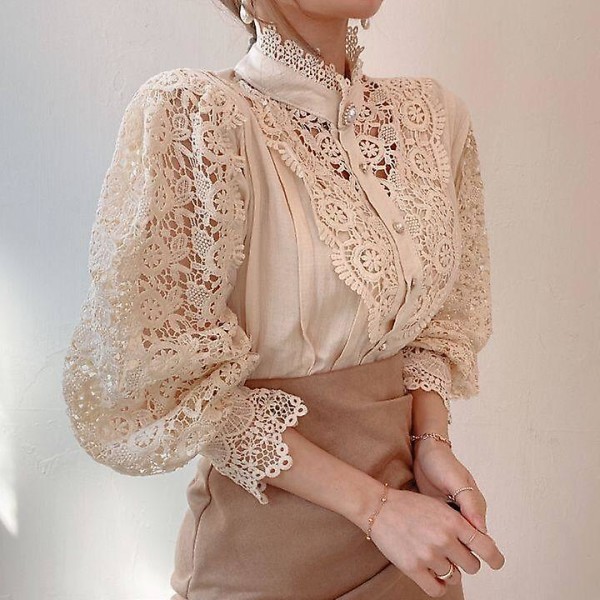 Dameskjorter Vintage Solid Hvit Blondebluse Dame Koreansk Button Løs Skjorte Topper Hul Spring Casual Damebluser Apricot XL