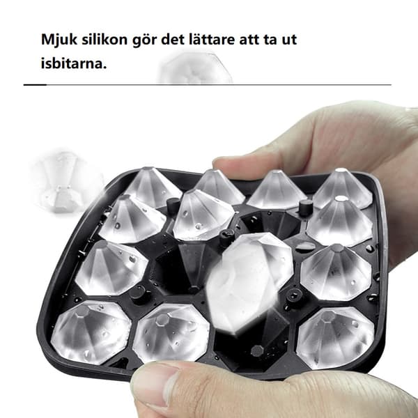 Diamantformad isbricka med 16 fack och silikonfoder, lämplig för whisky och kylda drycker.