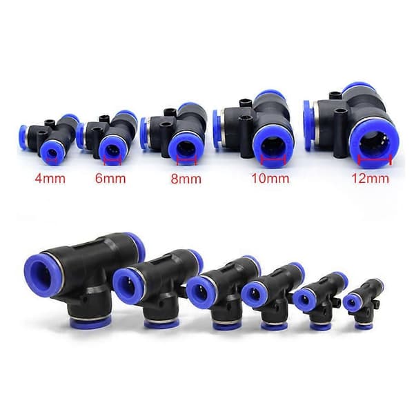 100 st PE pneumatiska kopplingar, T-typ 3-vägs för 4 mm 6 mm 8 mm 10 mm T-rör snabbkoppling Black