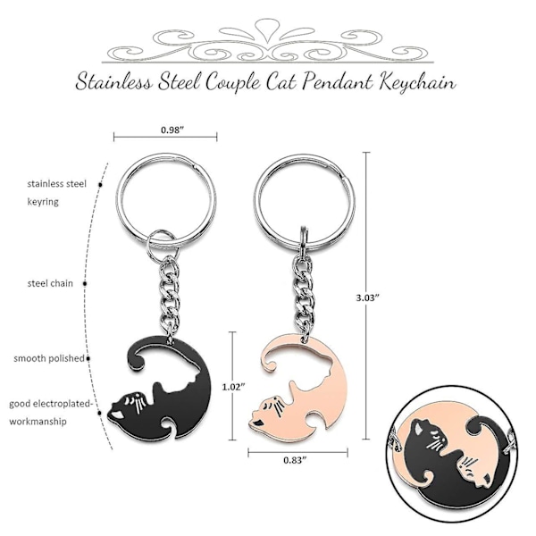 Pariskunnat Avaimenperät Ruostumaton teräs Ying Yang Cat Tai Chi Palapeli Pala Ystävyys Bbf Paras Ystävä Avaimenperäsormus Black Rose Gold