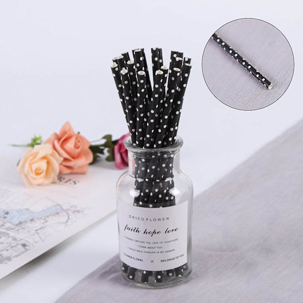 Biologiskt nedbrytbara papperssugrör, 100 sugrör för festtillbehör, födelsedag, bröllop Black White Dots