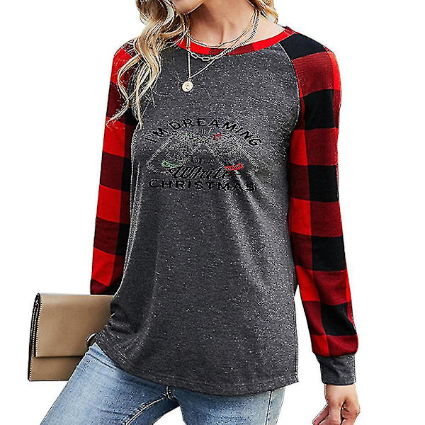 Hhcx-kvinder juletrykt langærmet bluse Plaid T-shirt Løse Tee Toppe Grey M