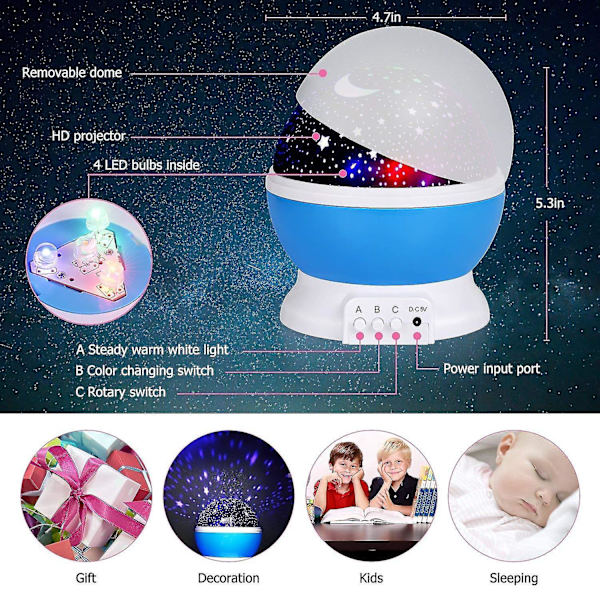 Starry Night Light Projector Stjernehimmel Månelys Børneværelseslys Blå Blue