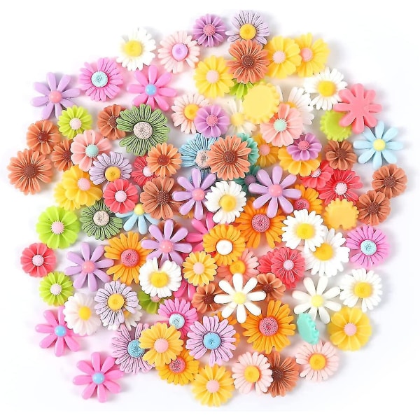 Set med 100 blommor hartsberlocker, Daisy Pearls för gör-det-själv, scrapbooking, smyckestillverkning, handgjorda dekorationer (blandade färger)