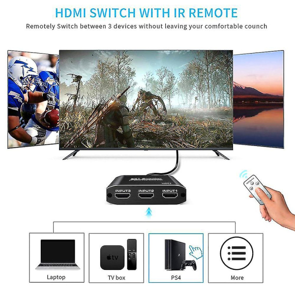 4k Hdtv Hdmi Splitter Switcher 3 Input 1 Output med fjärrväljare