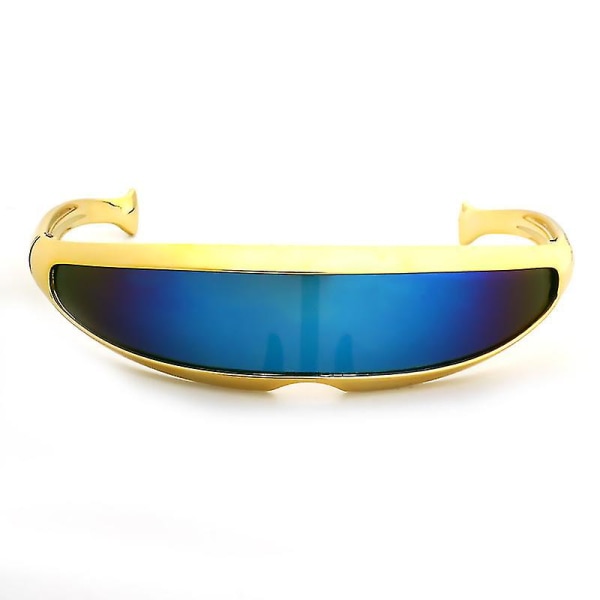 Futuristiske smalle Cyclops-farvespejlede linsevisirsolbriller Gold Blue