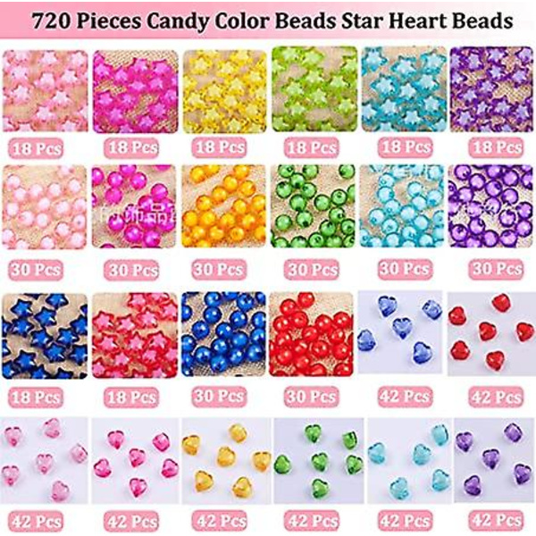 720 stk slikfarve akryl hjerteformede perler stjerneperler, farverige forskellige plastik pastelperler hjerteformede runde søde løse perler Bulk til armbånd Beaded shape beading