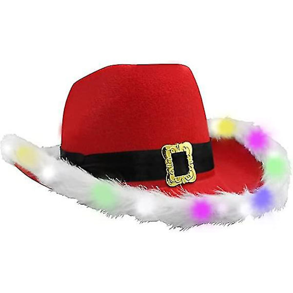 Light Up Christmas Feather Hat With Led Flashing, Cowboy Red Santa Clause Western Holiday Hat,jule Kostymepynt Julegaver til kvinner Colorful Light