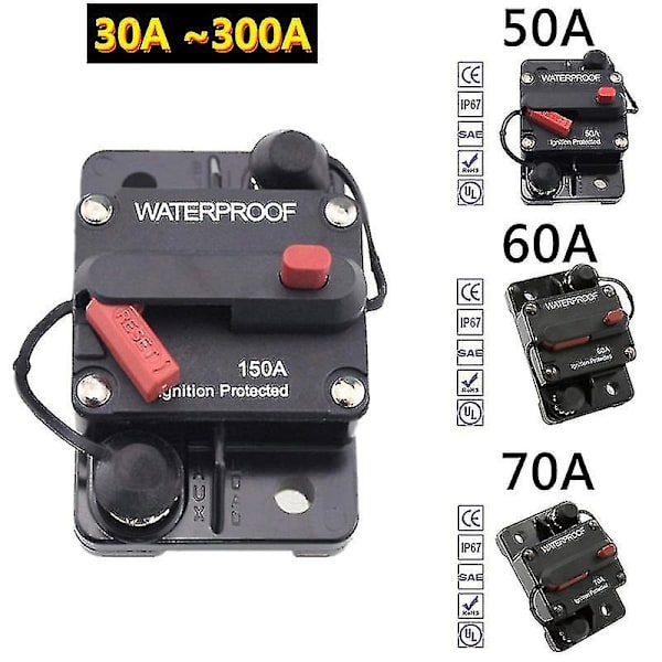 Mærke 30a 40a 50a 60a 70a 80a 100a 120a 150a 200a 250a 300a Amp Circuit Breaker Sikring Reset 12-48v DC Bilbåd Auto Vandtæt 30A