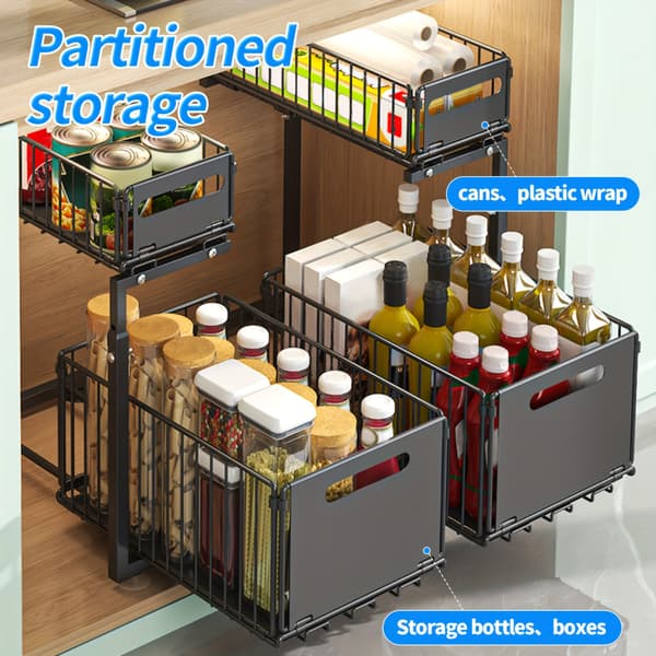 【BQ】2-Tier Pull-Out Storage Basket No Drilling Foldable Metal Sliding Organizer for Under Sink Cabinet