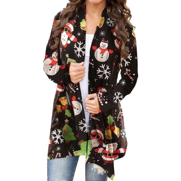 Hhcx-christmas Kvinner Åpen Front Coat Langermet Xmas Cardigan Jacket Topp Snowflakes On Black 3XL