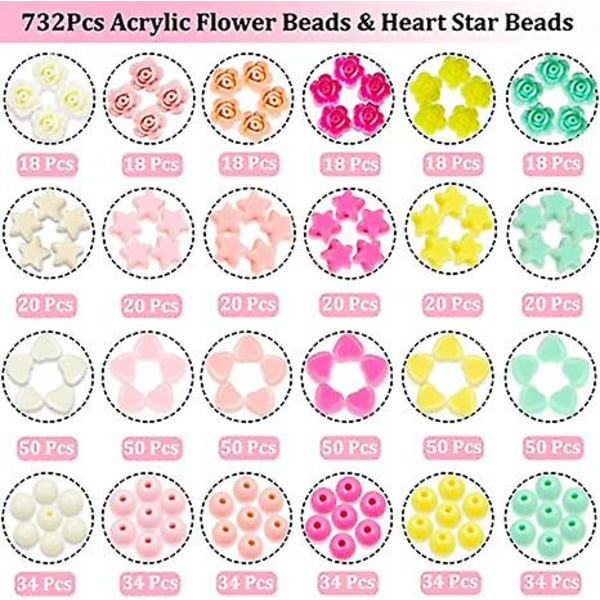 720 stk slikfarve akryl hjerteformede perler stjerneperler, farverige forskellige plastik pastelperler hjerteformede runde søde løse perler Bulk til armbånd Rose beads