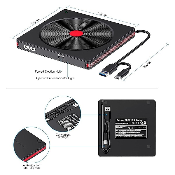 Extern CD/DVD-enhet, USB 3.0 DVD/CD-läsare/skrivare/brännare för bärbar dator, stationär dator, Windows 11/10/8 Black