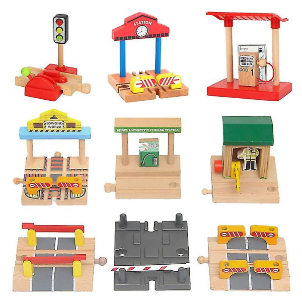 Hhcx-beech Wooden Train Track Parts Roadblock Gas Station Wood Tracks Accessories Fit For Wooden Railway Tracks Rode Toys For Kid New Red RailWay Bridge