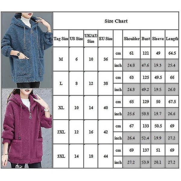 Hhcx-women&#39;s Teddy Bear Zip Up Coat Fluffy Jacket Winter Warm Hoodie Outwear Blue 3XL