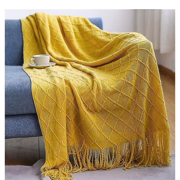 Inya Slängfilt Strukturerad Solid Mjuk Soffa Soffa Överdrag Dekorativ nordisk stickad filt Tyngd juldekor Plädar diamond yellow 127x172cm