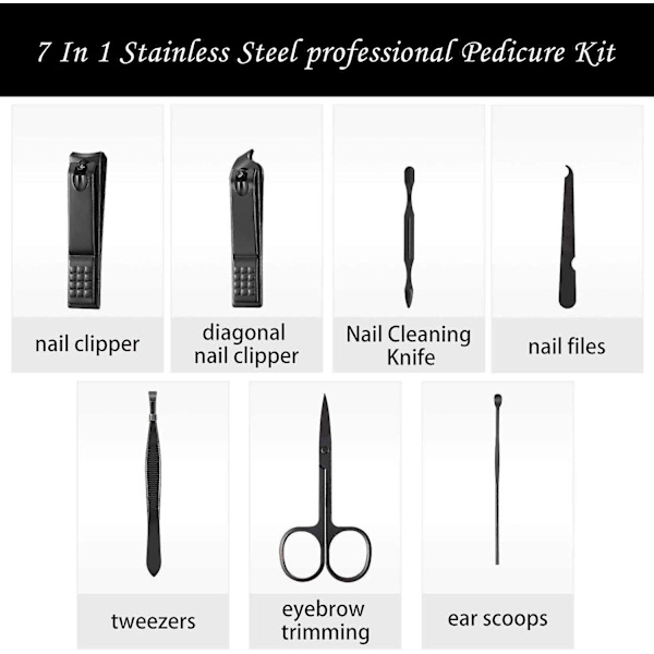 Negleklipper manicure sæt 7 i 1 rustfrit stål neglesakse plejesæt Black