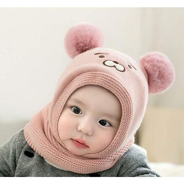 Baby slouchy-hattu Lämmin Söpö Karhu Talvihattu Huivi Hattu Neulottu Hattu Bobble Fleece Vuoratulla Pipo Hattu Pink