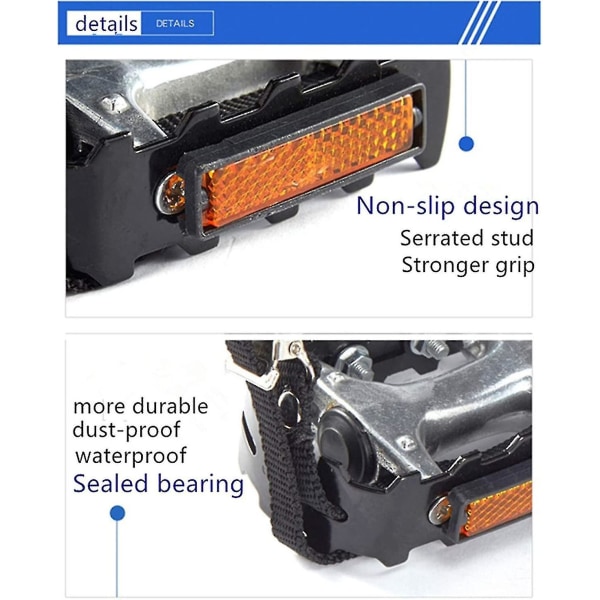 Sykkelpedaler med tåklemme og stropper, for treningssykkel, spinnsykkel og utendørssykler, 9/16-tommers spindel harpiks/legeringssykkelpedaler, Halvårs Warra