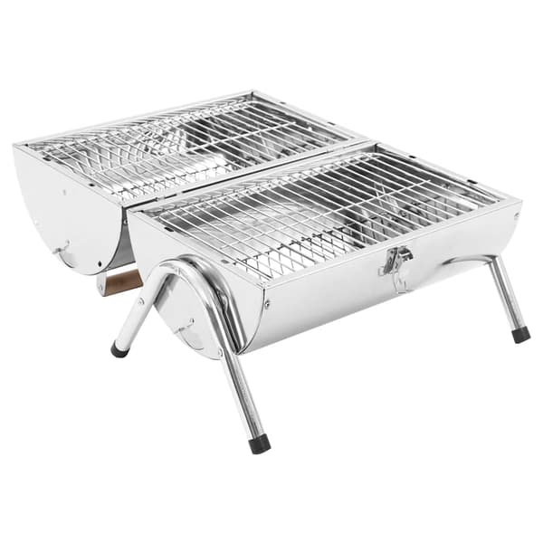 【BQ】vidaXL Bærbar kullgrill dobbel rustfritt stål Silver Silver