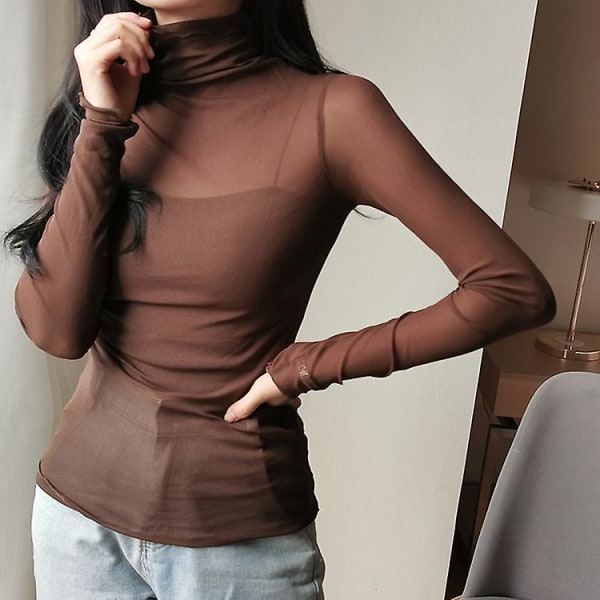 Kevätsyksyn naisten seksikäs läpinäkyvä mesh Naisten pitkähihainen läpinäkyvä tyylikäs paita Muoti Naisten Topit Kahvi Coffee