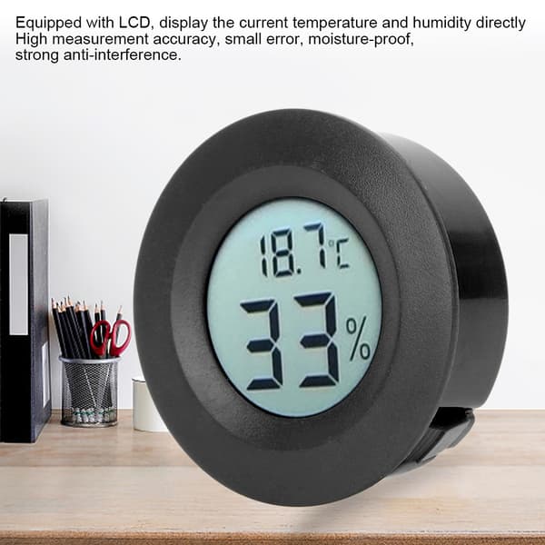 Mini Cirkulär Inbäddad Digital LCD Termometer Hygrometer Luftfuktighet Temperaturmätare Inomhus Svart