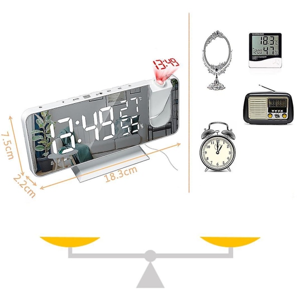 Projektionsväckarklocka för tak i sovrummet Digital väckarklockaradio med USB laddarportar, 7,3" stor LED-skärm väckarklocka, 4 dimmers, dubbla larm C