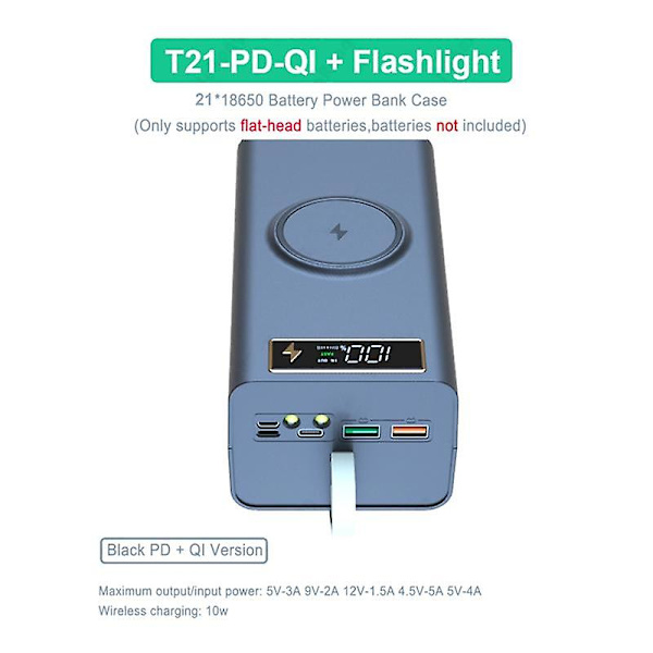 21x18650 Akun säilytyslaatikko Led Light Pd Quick Qc3.0 Charge Power Bank Case Shell 15w Wireless Cha White