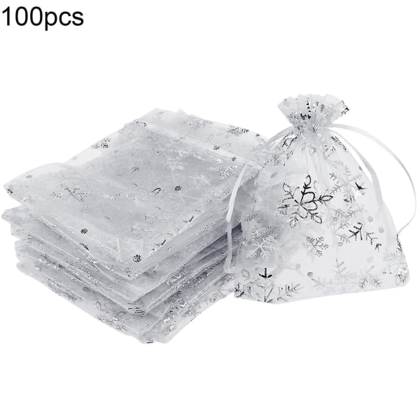 100 kpl lahjakassit lumihiutalekuvioinen uudelleenkäytettävä organza kiristysnyöri karkkilaukku juhlatarvikkeet White Silver 8*11cm