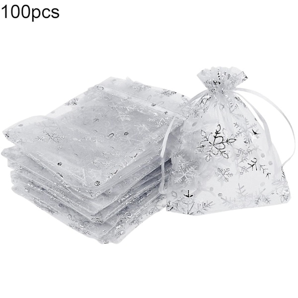 100 kpl lahjakassit lumihiutalekuvioinen uudelleenkäytettävä organza kiristysnyöri karkkilaukku juhlatarvikkeet White Silver 8*11cm