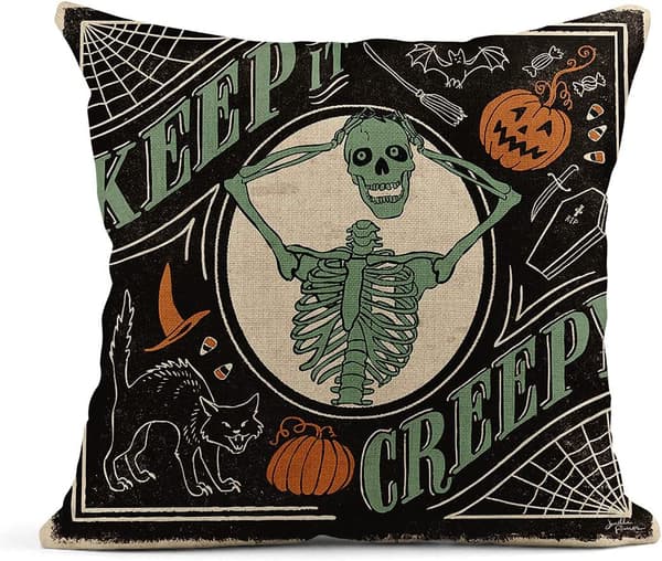 Sæt med 4 hørpudebetræk 18x18 tommer Retro Halloween Scary Cat