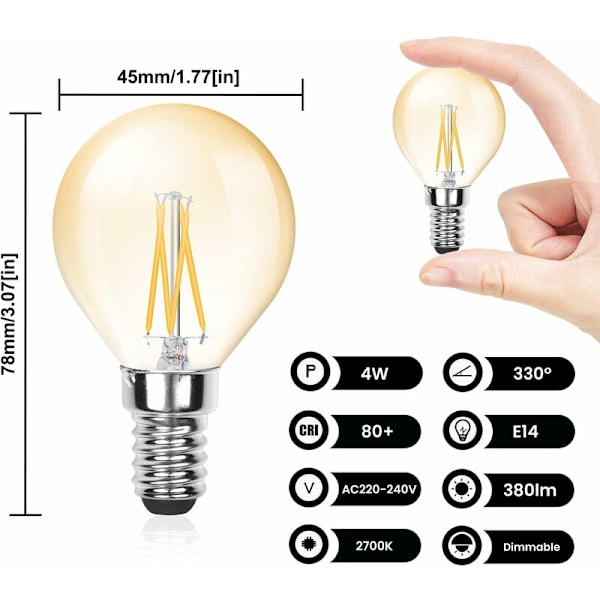 E14 Filament G45 LED-glödlampa, 4W (40W ekvivalent), 220V 380lm, paket med 6