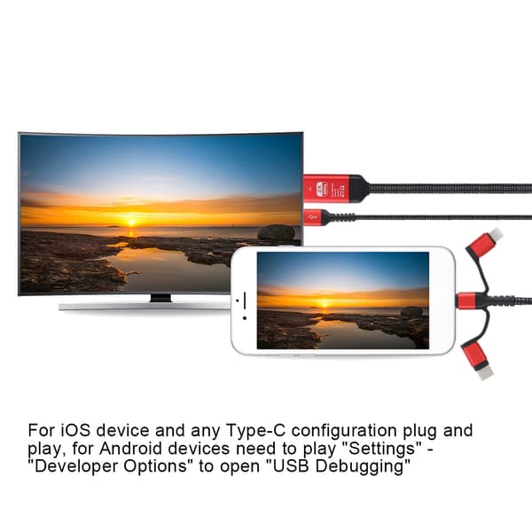 Universal 3-i-1 HDMI HD 4K-videoadapterkabel - Micro USB, iOS, Typ C