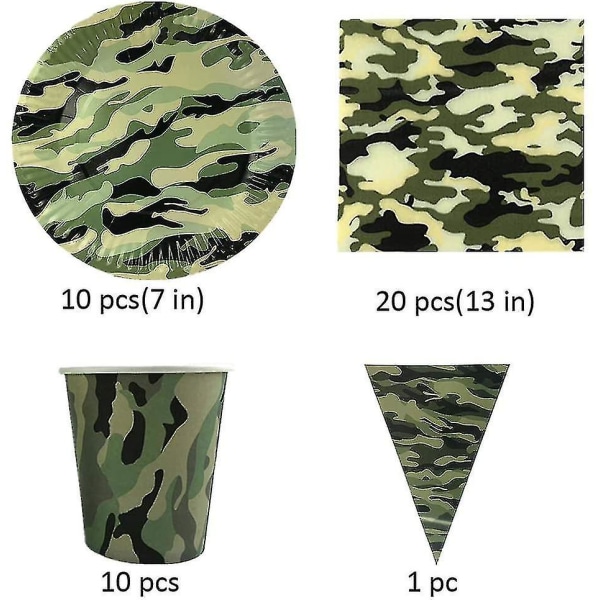 41 pakke engangsservise, festrekvisita med Camo-plater S-servietter og trekantbanner for hærjakt-tema