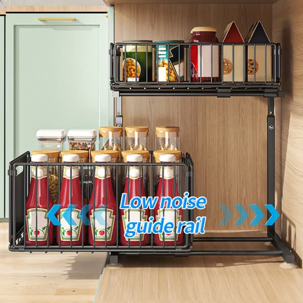 【BQ】2-Tier Pull-Out Storage Basket No Drilling Foldable Metal Sliding Organizer for Under Sink Cabinet