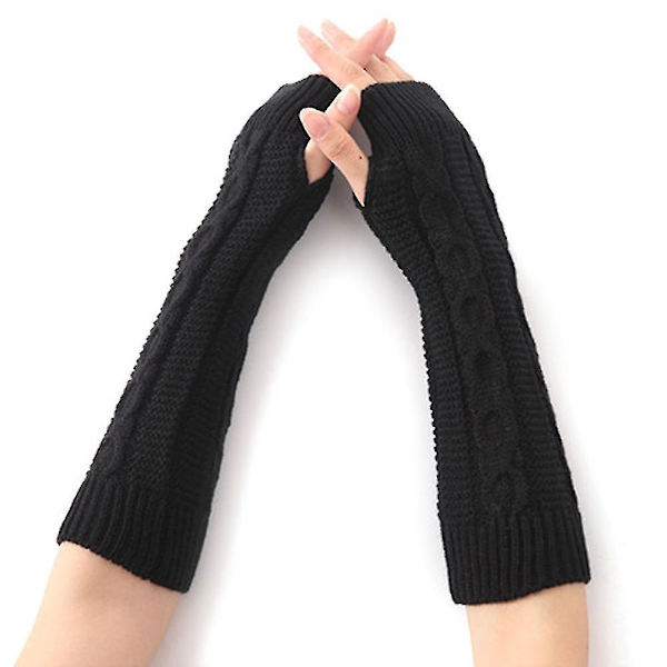 Långa stickade handskar för kvinnor Fingerlösa vantar Armvärmare Tjock Thermal black
