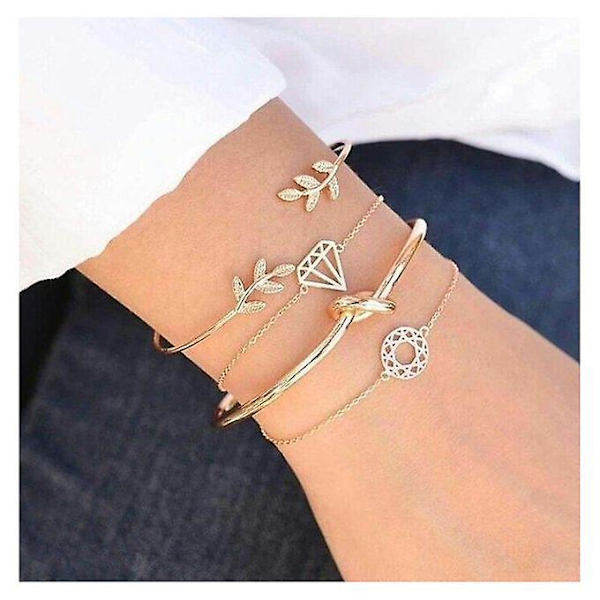 4 st/ set Dammode Bohemia Leaf Knot Hand Manschettknapp Kedja Charm Armband Armband Guld