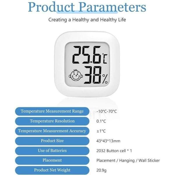 Digitalt termometer og hygrometer - Ministørrelse - Område -10°C til 70°C - Luftfugtighed 10% til 99% RH - Nøjagtighed ±1°C