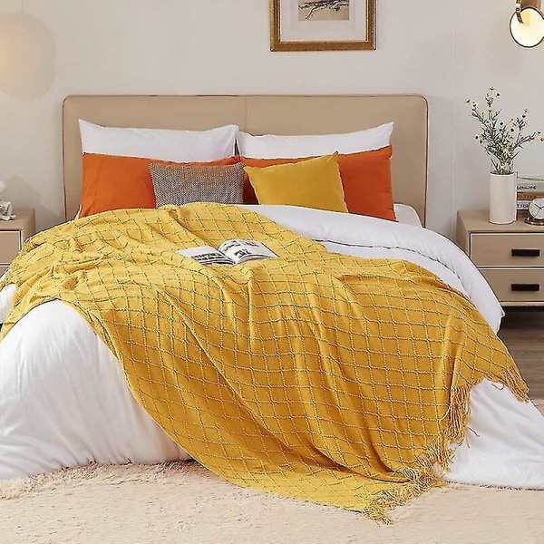 Inya Slängfilt Strukturerad Solid Mjuk Soffa Soffa Överdrag Dekorativ nordisk stickad filt Tyngd juldekor Plädar diamond yellow 150x230cm