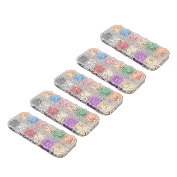 5 Bokser med 12 Farger Neglefolie Flakes Sekvenssett Glitter Neglekunsttabletter DIY Manikyrdekorasjon