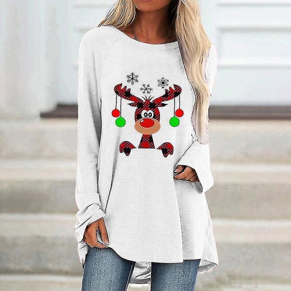 Hhcx-christmas Xmas Reindeer Print Women T-shirt Blouse Longline Top White S