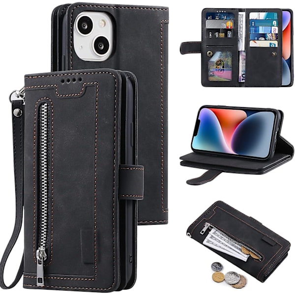 Plånboksfodral För Iphone 13, Retro 9 korthållare Fack Dragkedja Handväska Fodral Pu Läder Magnetstängning Kickstand Med handledsrem Tpu Stötsäker