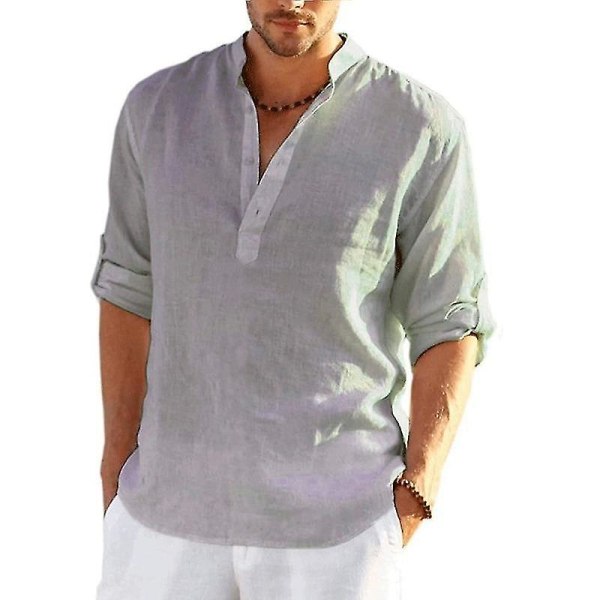 Långärmad linneskjorta för män, casual i bomull och linne, S-5xl topp, Ny design gratis frakt White M