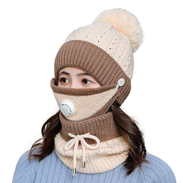 Vinter Scarf Mask Set med andningsventil förtjockad stickad mössa Khaki